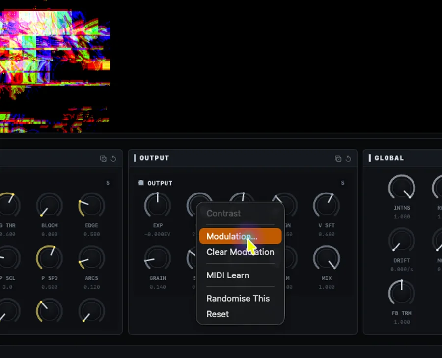 Kontextmenü an einem Regler: Modulation, Clear Modulation, MIDI Learn, Randomise This, Reset