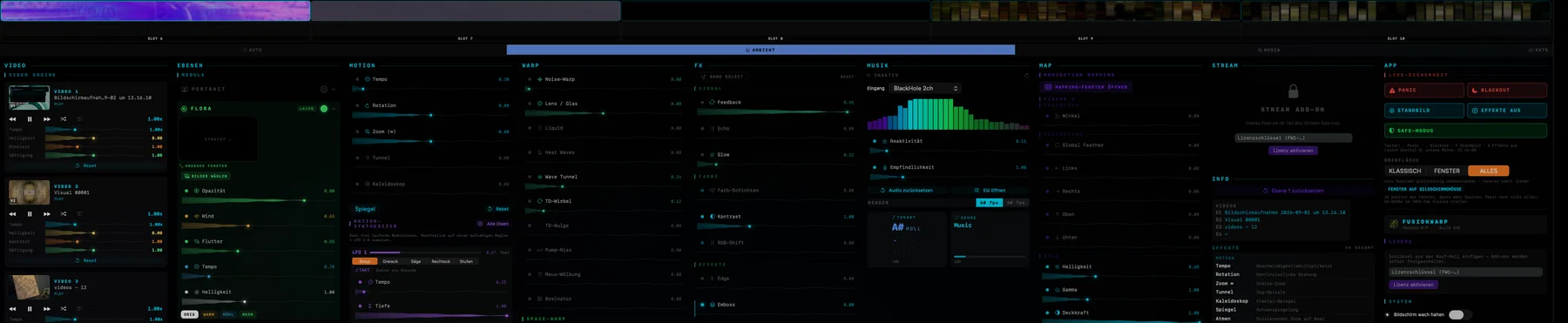 FusionWarp im Fenster-Modus: alle Rubriken nebeneinander — Video, Ebenen, Motion, Warp, FX, Musik, Map, Stream und App
