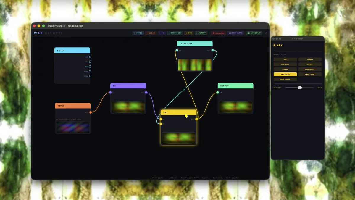 Screenshot des FusionWarp Node-Editors: dunkler Canvas mit verkabelten Audio-, Video-, FX- und Output-Nodes